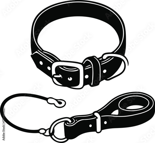 Minimal dog collar and leash set, black line art, clean contour, white background, simple buckle and loop shapes, modern pet accessory illustration, no shading 2