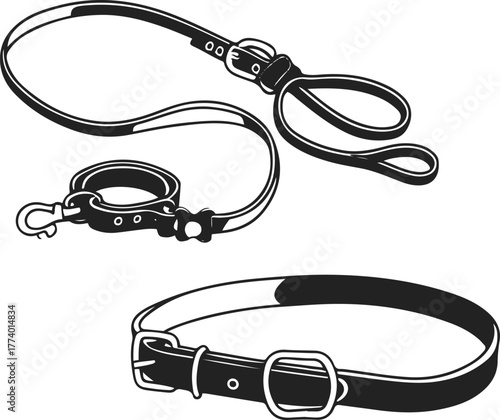 Minimal dog collar and leash set, black line art, clean contour, white background, simple buckle and loop shapes, modern pet accessory illustration, no shading 3