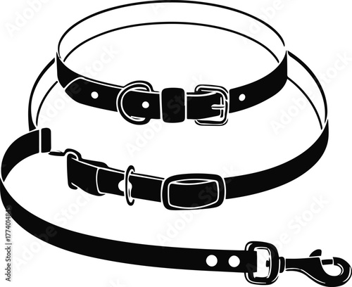Minimal dog collar and leash set, black line art, clean contour, white background, simple buckle and loop shapes, modern pet accessory illustration, no shading 1