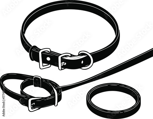 Minimal dog collar and leash set, black line art, clean contour, white background, simple buckle and loop shapes, modern pet accessory illustration, no shading