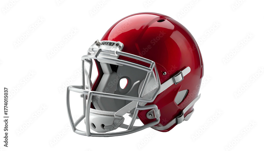 Naklejka premium A glossy, red American football helmet with a silver facemask, set against black