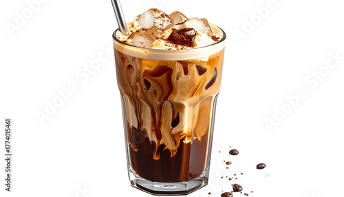 A layered coffee drink with ice, cream, cocoa powder, and a stainless steel straw