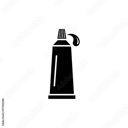 Black tube of toothpaste dispenses a drop onto a white surface, representing dental hygiene and cleanliness in a minimalist style.