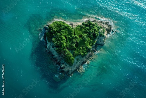 Lush vegetation covers a heart shaped island, creating a breathtaking contrast with the surrounding turquoise water