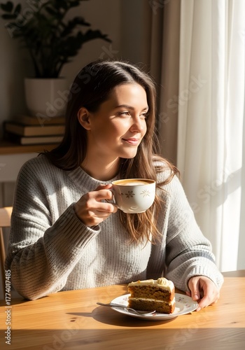 Woman smiling with coffee and cake at a wooden table indoors  