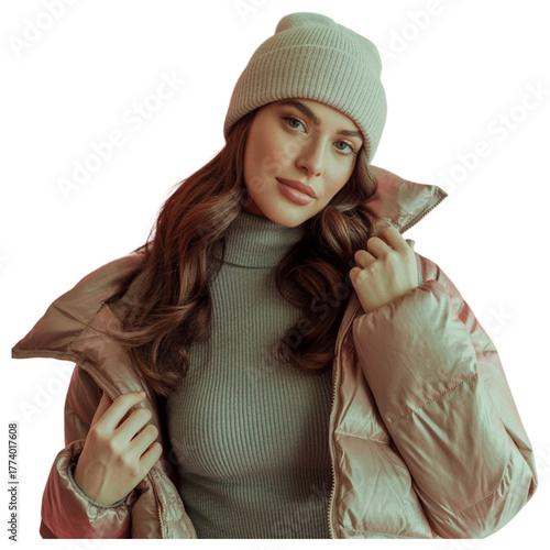 Young woman in warm beige beanie and puffer jacket studio shot