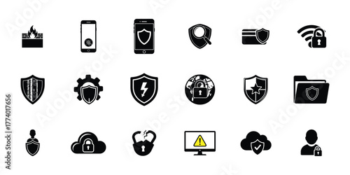 Collection of cybersecurity and data protection icons representing digital security and online safety concepts