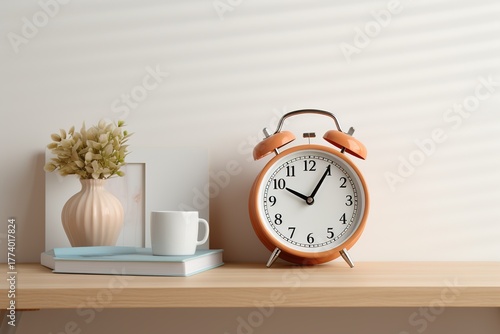 close-up clock on wooden shelf with white face and orange hands