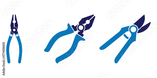Vector illustration of three types of pliers—needle-nose, combination, and pruning shears—isolated in blue tones on white background