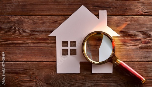 paper home with magnifier searching for a house on wooden surface