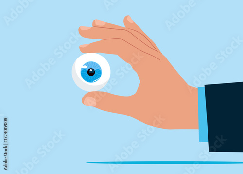 Hand holds an eyeball. Vector flat illustration