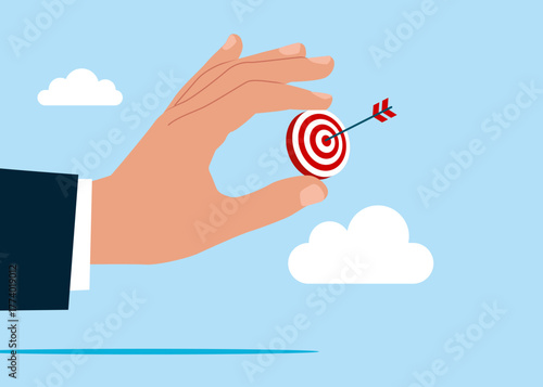 Business strategy. Hand holding target and dart. Concentrate on purpose. Goal setting, purposeful objective, mission to accomplish to win for business success. Vector flat illustration