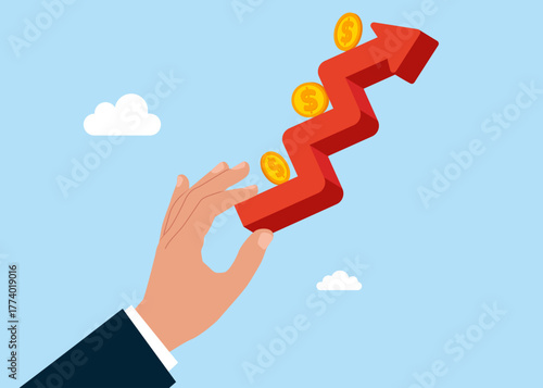 Red up arrows and dollar coins. Raising high standards of living and prices. Vector flat illustration
