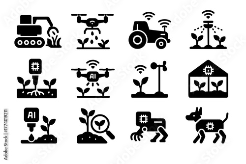 Automated agriculture station icons smart irrigation seeder icon monitoring drone vector weeder