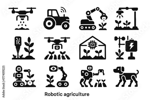 Vector crop health drone agriculture sensor ai icons harvester system robotic icon