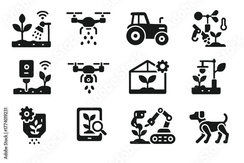Irrigation farm icons health precision weeder farming seeder icon greenhouse vector autonomous