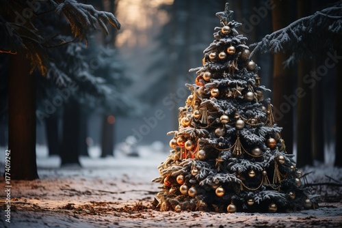 large Christmas tree decorated with gold ornaments and baubles sits in snowy forest, creating festive new year atmosphere
