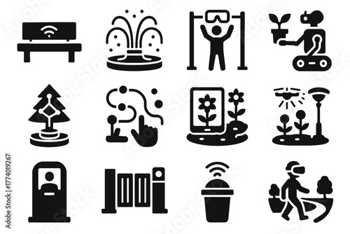 Icons interactive smart sensor park vector gardener fountain icon bin futuristic tree