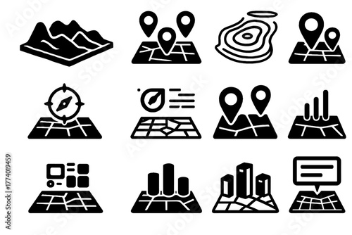 Compass map blocks markers icons terrain vector floating pins interactive augmented icon