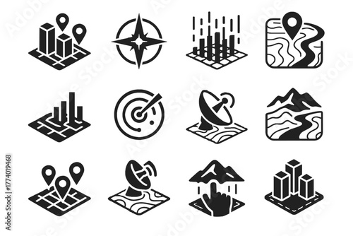 Interactive terrain pins virtual city vector digital overlay markers icon grid topographic