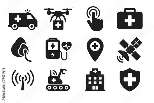 Ambulance oxygen rescue hospital emer icon vector button satellite building shield