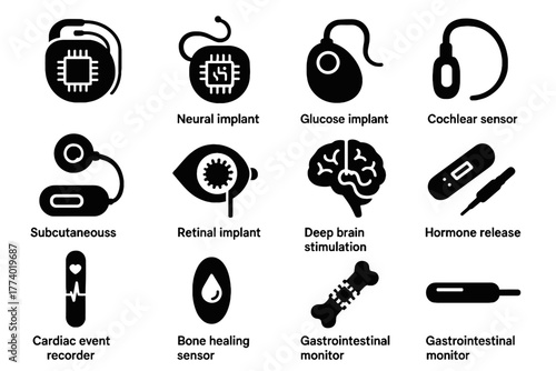 Stimulation hormone biosensors implant subcutaneous release icon monitor deep vector icons implantable