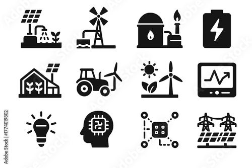 Farming vector hybrid grid battery monitoring hub irrigation energy pump icon icons