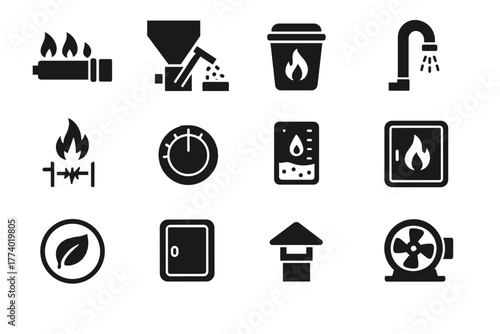Ash heater vector motor eco icons pellet icon exhaust feed burner cap