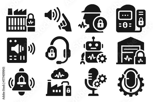 Alarm industrial cloud intercom hub factory id control icon warehouse voice vector