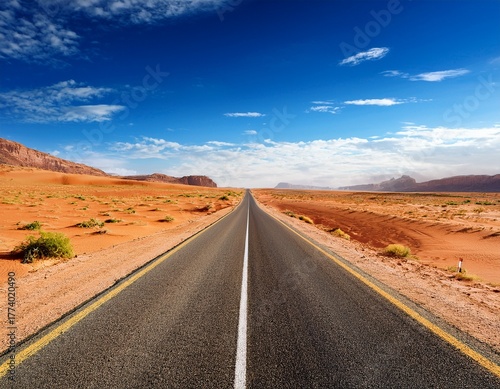 a desert road with a blue sky in the background