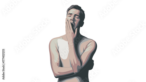 A portrait of a man yawning.