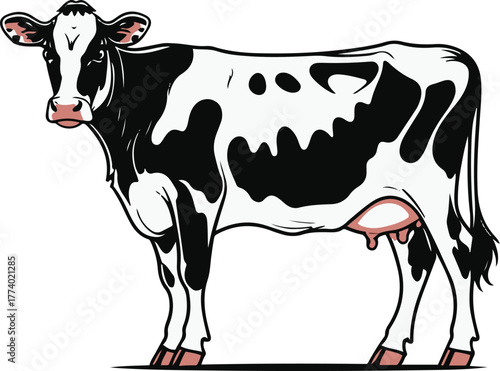 Standing dairy cow outline, smooth contour line, white background, simplified realistic anatomy, clean farm animal vector, commercial use friendly