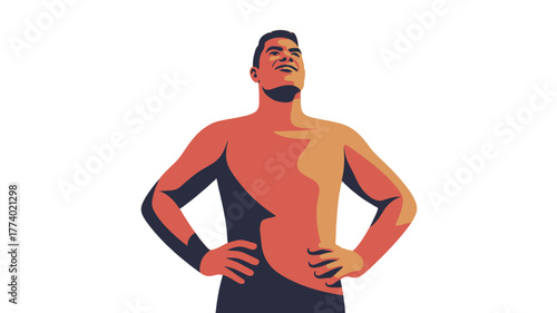 A determined man with hands on hips, looking up confidently.