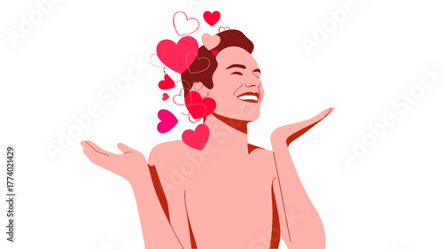 A joyful person with hearts floating.