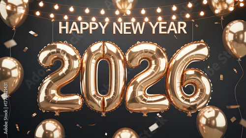 Gold balloon 2026 Background illustration with glowing festive lights and decor,generative ai