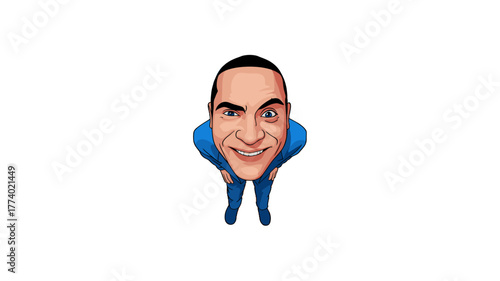 A curious, smiling individual with a wide-angle perspective.