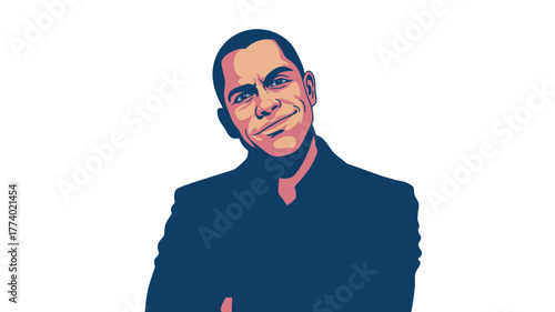 A close-up illustration of a man with a slight smile, with a sleek dark aesthetic.