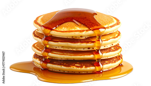 A stack of golden pancakes with syrup cascading down, isolated on a black background