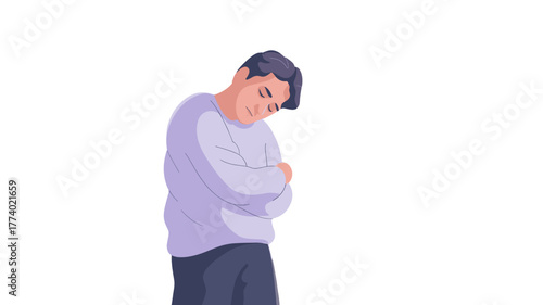 A man deep in thought, embracing himself.