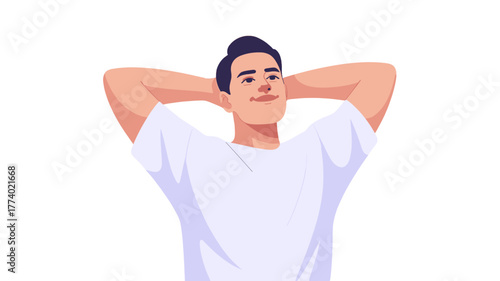 A man relaxing, hands behind the head, peaceful expression.