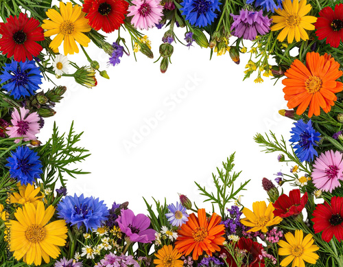 Colorful array of diverse wildflowers create a vibrant, natural border on a dark backdrop