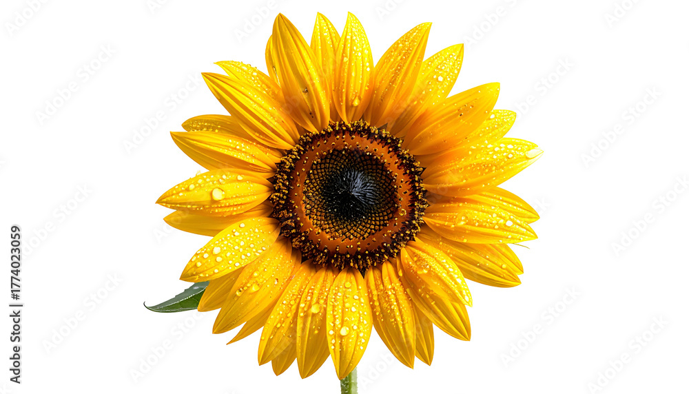 Fototapeta premium Vivid close-up of a sunflower with water droplets against a black backdrop, top view