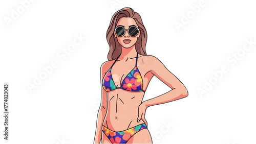 A Stylish Woman in a Floral Bikini and Sunglasses, Ready for Summer Fun