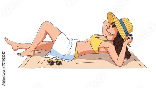 Woman relaxing on beach towel in the sun, summer vacation and leisure