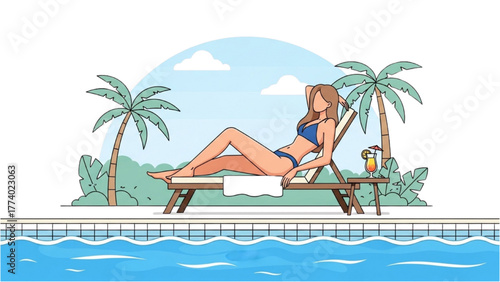 Woman Relaxing on a Deck Chair by the Pool on Summer Vacation