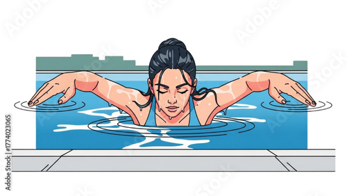 Woman swimming the butterfly stroke in a clear blue swimming pool
