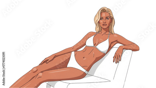 A sun-kissed woman in a white bikini relaxes on a white chair