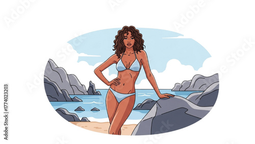 Beautiful Woman in Bikini on Rocky Beach, Coastal Paradise