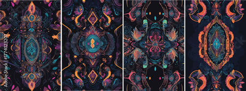 Seamless abstract batik vector, combining traditional Indonesian patterns with modern digital elements, glowing lines and neon outlines on dark background