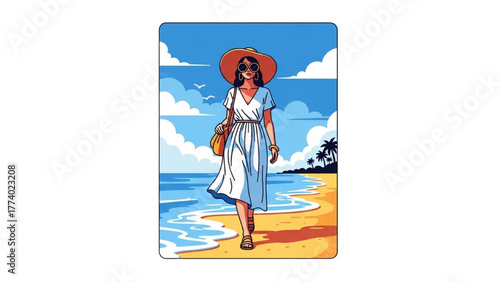 Woman Enjoying a Sunny Beach Vacation in a White Dress